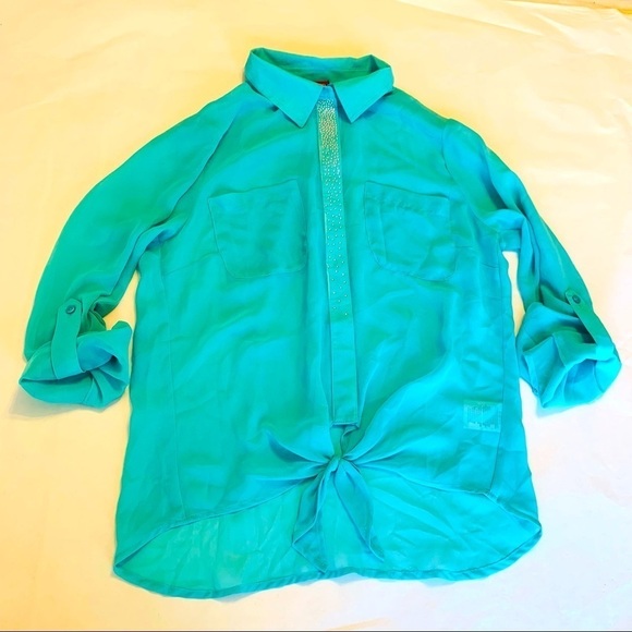 Bongo mint green three-quarter sleeve button down sheer Front knot Blouse small - Picture 1 of 7